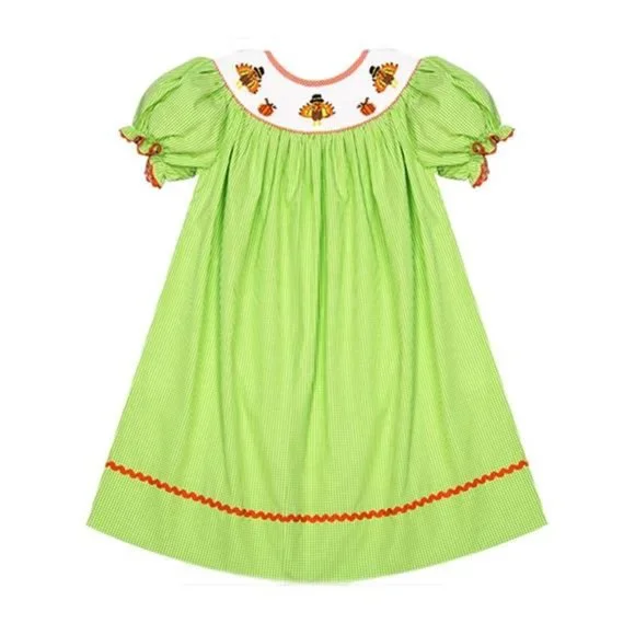 Beautiful Smocked Girl's Lime Green Gingham Thanksgiving Turkey Bishop Dress - Picture 1 of 7